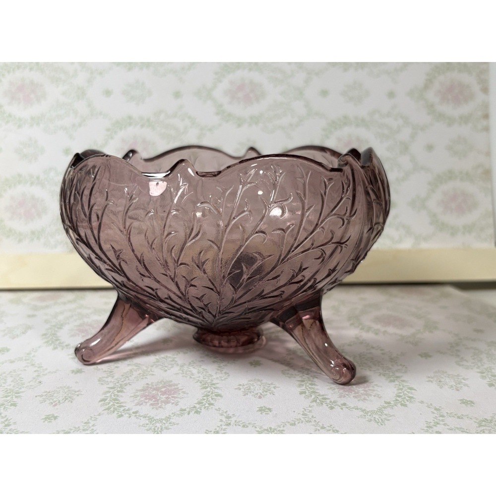 Vintage Fenton Silvertone Wisteria Amethyst Glass 3 Footed Bowl Candy Dish